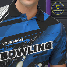 Load image into Gallery viewer, Custom Black And Blue Hexagon Pattern Bowling Polo Shirts For Men, Bowling Team Uniform IPHW9422
