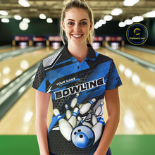 Load image into Gallery viewer, Custom Black And Blue Hexagon Pattern Bowling Polo Shirts For Women, Bowling Team Uniform IPHW9422