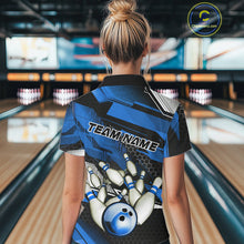 Load image into Gallery viewer, Custom Black And Blue Hexagon Pattern Bowling Polo Shirts For Women, Bowling Team Uniform IPHW9422