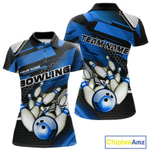 Load image into Gallery viewer, Custom Black And Blue Hexagon Pattern Bowling Polo Shirts For Women, Bowling Team Uniform IPHW9422