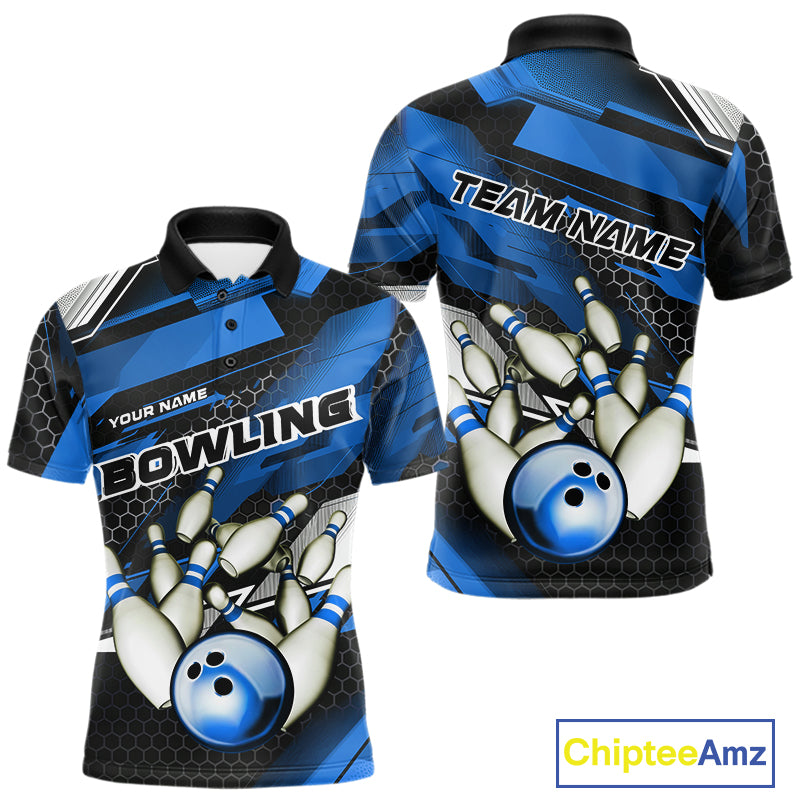 Custom Black And Blue Hexagon Pattern Bowling Polo Shirts For Men, Bowling Team Uniform IPHW9422