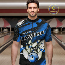 Load image into Gallery viewer, Custom Black And Blue Hexagon Pattern Bowling Quarter-Zip Shirts For Men, Bowling Team Uniform IPHW9422