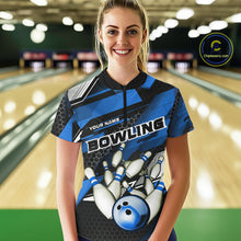 Load image into Gallery viewer, Custom Black And Blue Hexagon Pattern Bowling Women Quarter-Zip Shirts, Team Uniform IPHW9422