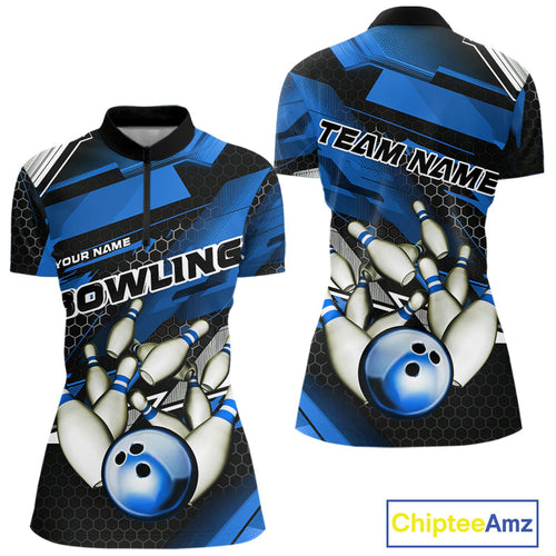Custom Black And Blue Hexagon Pattern Bowling Women Quarter-Zip Shirts, Team Uniform IPHW9422