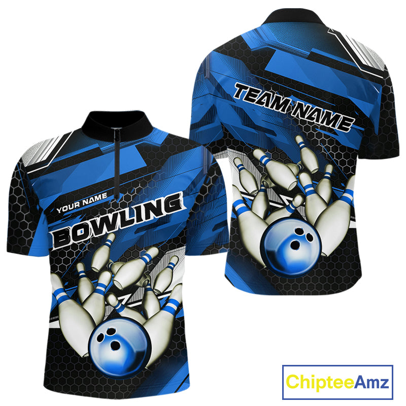 Custom Black And Blue Hexagon Pattern Bowling Quarter-Zip Shirts For Men, Bowling Team Uniform IPHW9422