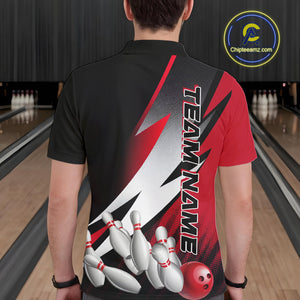 Custom Black And Red Strike Bowling Polo Shirts For Men, Bowling Team Uniform IPHW9423