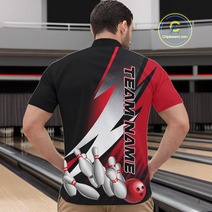 Custom Black And Red Strike Bowling Quarter-Zip Shirts For Men, Bowling Team Uniform IPHW9423