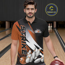 Load image into Gallery viewer, Custom Black And Orange Strike Bowling Polo Shirts For Men, Bowling Team Uniform IPHW9424