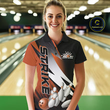 Load image into Gallery viewer, Custom Black And Orange Strike Bowling Polo Shirts For Women, Bowling Team Uniform IPHW9424