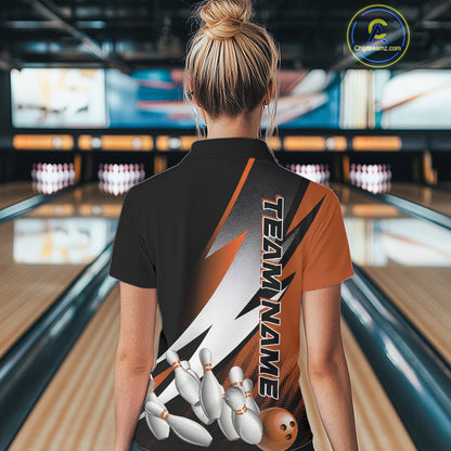 Custom Black And Orange Strike Bowling Polo Shirts For Women, Bowling Team Uniform IPHW9424