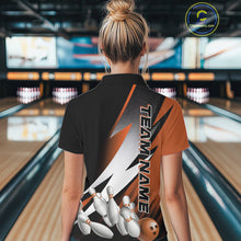 Load image into Gallery viewer, Custom Black And Orange Strike Bowling Polo Shirts For Women, Bowling Team Uniform IPHW9424