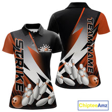 Load image into Gallery viewer, Custom Black And Orange Strike Bowling Polo Shirts For Women, Bowling Team Uniform IPHW9424