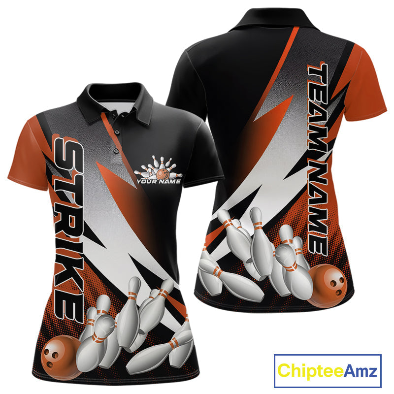 Custom Black And Orange Strike Bowling Polo Shirts For Women, Bowling Team Uniform IPHW9424