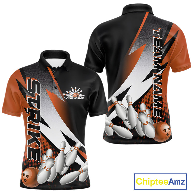Custom Black And Orange Strike Bowling Polo Shirts For Men, Bowling Team Uniform IPHW9424