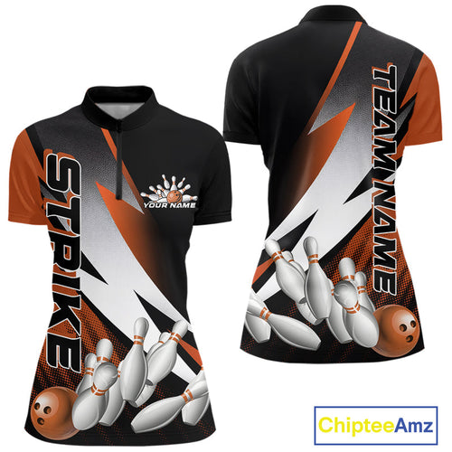 Custom Black And Orange Strike Bowling Women Quarter-Zip Shirts, Bowling Team Uniform IPHW9424