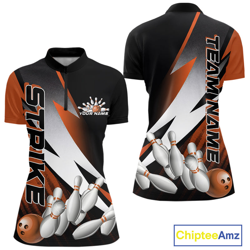 Custom Black And Orange Strike Bowling Women Quarter-Zip Shirts, Bowling Team Uniform IPHW9424