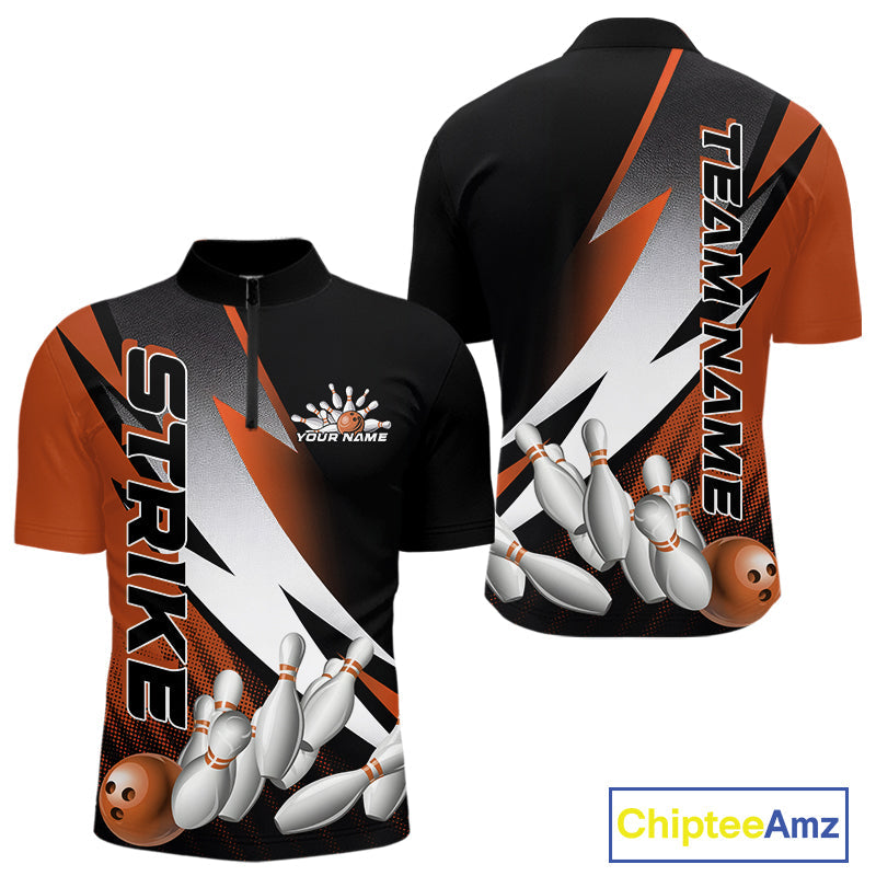 Custom Black And Orange Strike Bowling Quarter-Zip Shirts For Men, Bowling Team Uniform IPHW9424
