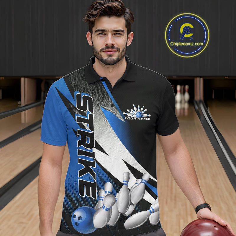 Custom Black And Blue Strike Bowling Polo Shirts For Men, Bowling Team Uniform IPHW9425