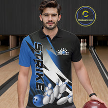 Load image into Gallery viewer, Custom Black And Blue Strike Bowling Polo Shirts For Men, Bowling Team Uniform IPHW9425