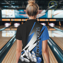 Load image into Gallery viewer, Custom Black And Blue Strike Bowling Polo Shirts For Women, Bowling Team Uniform IPHW9425