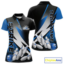 Load image into Gallery viewer, Custom Black And Blue Strike Bowling Polo Shirts For Women, Bowling Team Uniform IPHW9425