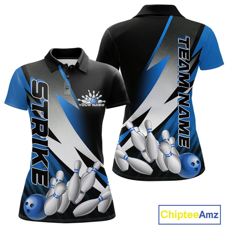 Custom Black And Blue Strike Bowling Polo Shirts For Women, Bowling Team Uniform IPHW9425
