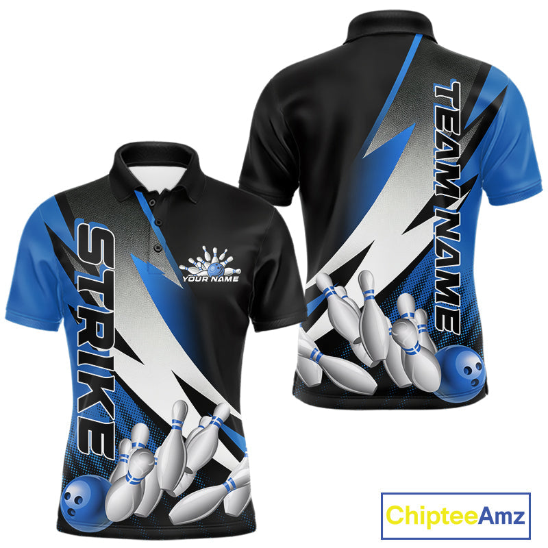 Custom Black And Blue Strike Bowling Polo Shirts For Men, Bowling Team Uniform IPHW9425