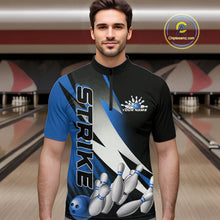 Load image into Gallery viewer, Custom Black And Blue Strike Bowling Quarter-Zip Shirts For Men, Bowling Team Uniform IPHW9425