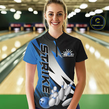 Load image into Gallery viewer, Custom Black And Blue Strike Bowling Women Quarter-Zip Shirts, Bowling Team Uniform IPHW9425