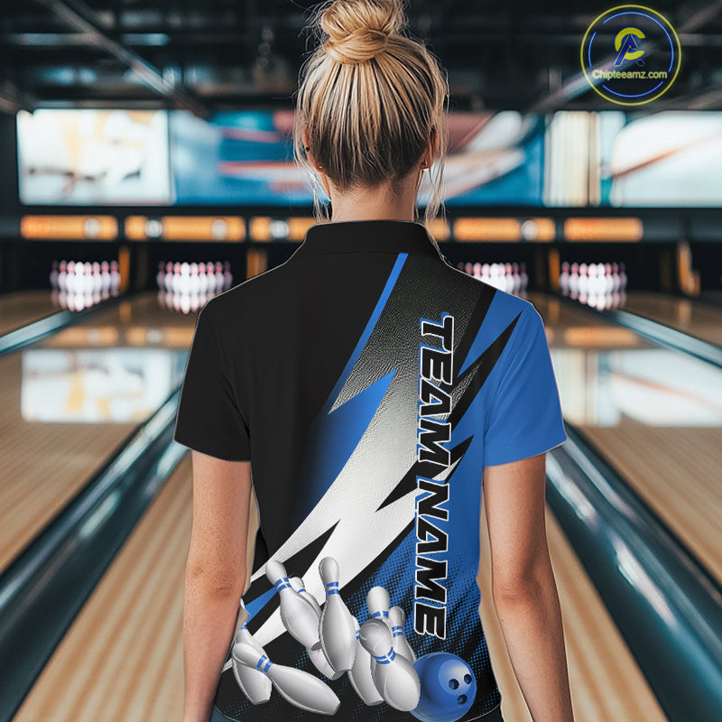 Custom Black And Blue Strike Bowling Women Quarter-Zip Shirts, Bowling Team Uniform IPHW9425