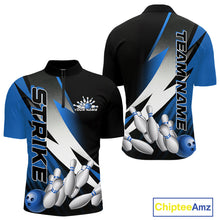 Load image into Gallery viewer, Custom Black And Blue Strike Bowling Quarter-Zip Shirts For Men, Bowling Team Uniform IPHW9425