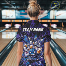 Load image into Gallery viewer, Back view of a female model in a bowling lane wearing a blue and purple bowling polo shirt displaying a blue monster bowling ball leading monster bowling pins holding overflowing beer mugs with energetic graffiti-style splatter graphics.