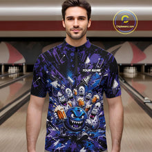 Load image into Gallery viewer, Front view of a male model in a bowling lane wearing a blue and purple bowling quarter-zip shirt featuring a blue monster bowling ball leading monster bowling pins holding overflowing beer mugs with bold graffiti-style splatter graphics.
