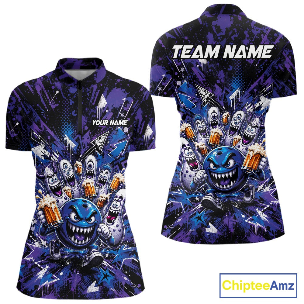 Front and back view of a blue and purple women's bowling quarter-zip shirt featuring a blue monster bowling ball leading monster bowling pins holding overflowing beer mugs with bold graffiti-style splatter graphics.