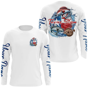 Custom Texas Slam Long Sleeve Fishing Shirts, Texas Trio Redfish, Trout, Flounder Fishing Shirts IPHW7055