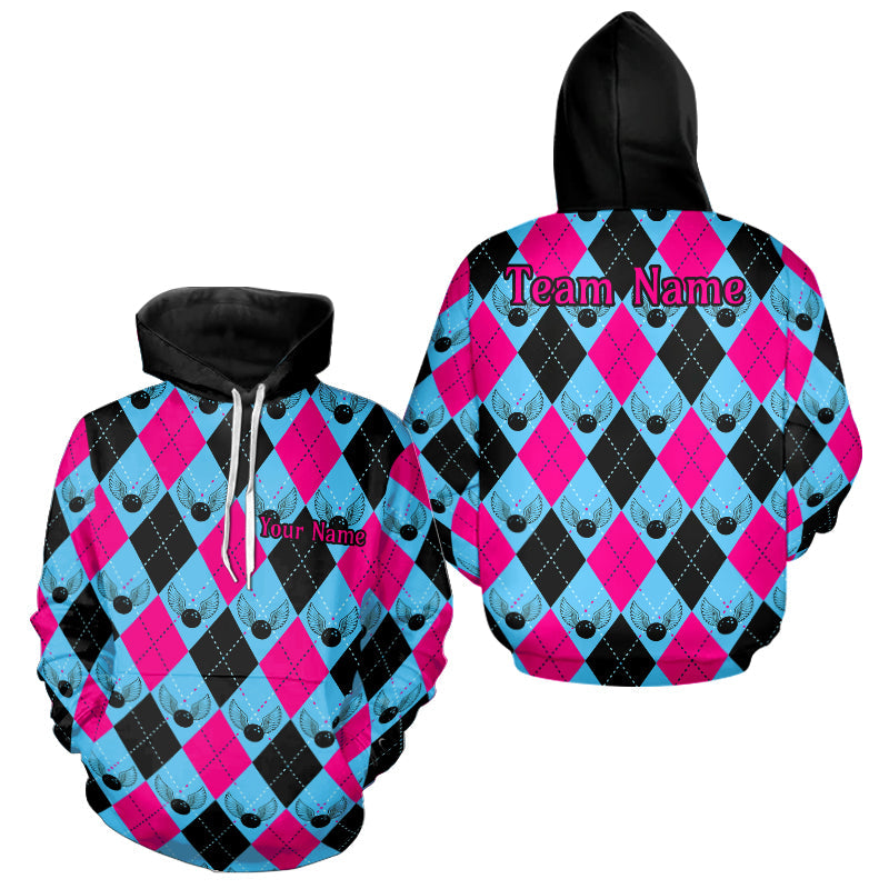 Blue And Pink Argyle Pattern Custom Bowling Hoodie Shirts For Men And Women, Bowling Team Shirt IPHW7306