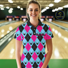 Load image into Gallery viewer, Blue And Pink Argyle Pattern Custom Ladies Bowling Shirts, Personalized Bowling Team Shirt IPHW7306