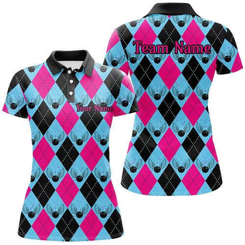 Blue And Pink Argyle Pattern Custom Ladies Bowling Shirts, Personalized Bowling Team Shirt IPHW7306