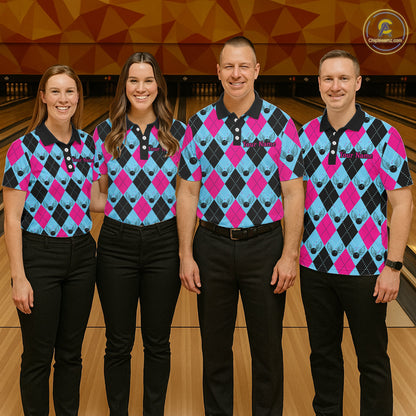 Blue And Pink Argyle Pattern Custom Bowling Shirts For Men, Personalized Bowling Team Shirt IPHW7306