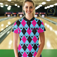 Load image into Gallery viewer, Blue And Pink Argyle Pattern Custom Ladies Bowling Shirts, Personalized Bowling Team Shirt IPHW7306