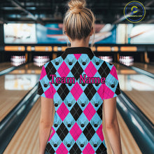 Load image into Gallery viewer, Blue And Pink Argyle Pattern Custom Ladies Bowling Shirts, Personalized Bowling Team Shirt IPHW7306