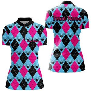 Blue And Pink Argyle Pattern Custom Ladies Bowling Shirts, Personalized Bowling Team Shirt IPHW7306