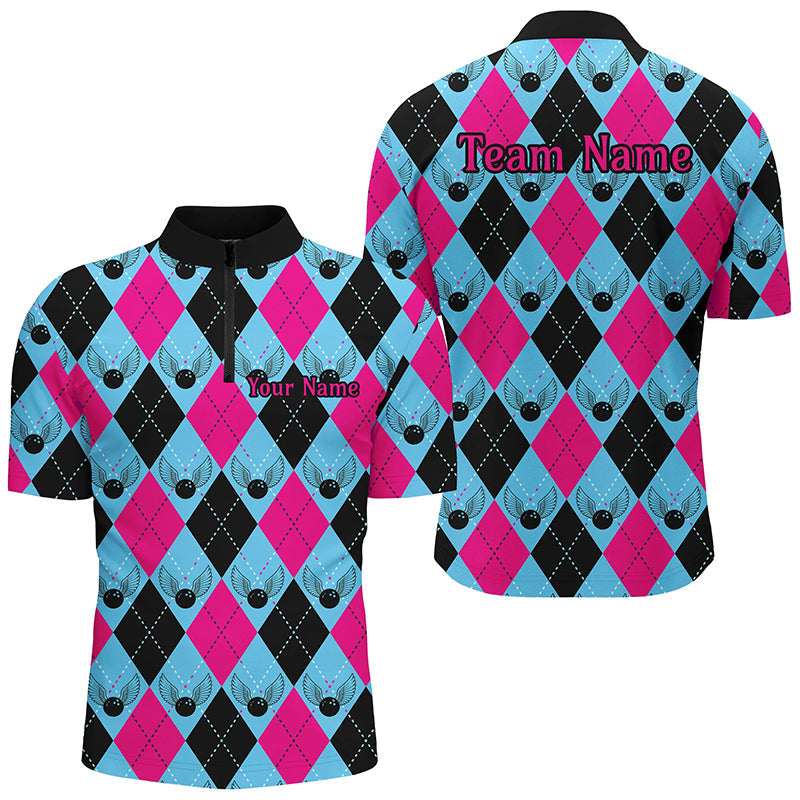 Blue And Pink Argyle Pattern Custom Bowling Shirts For Men, Personalized Bowling Team Shirt IPHW7306