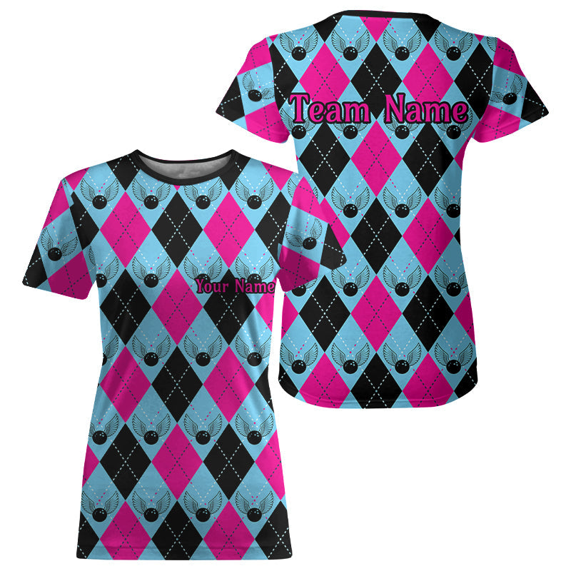Blue And Pink Argyle Pattern Custom Bowling T-Shirts For Women, Bowling Team IPHW7306