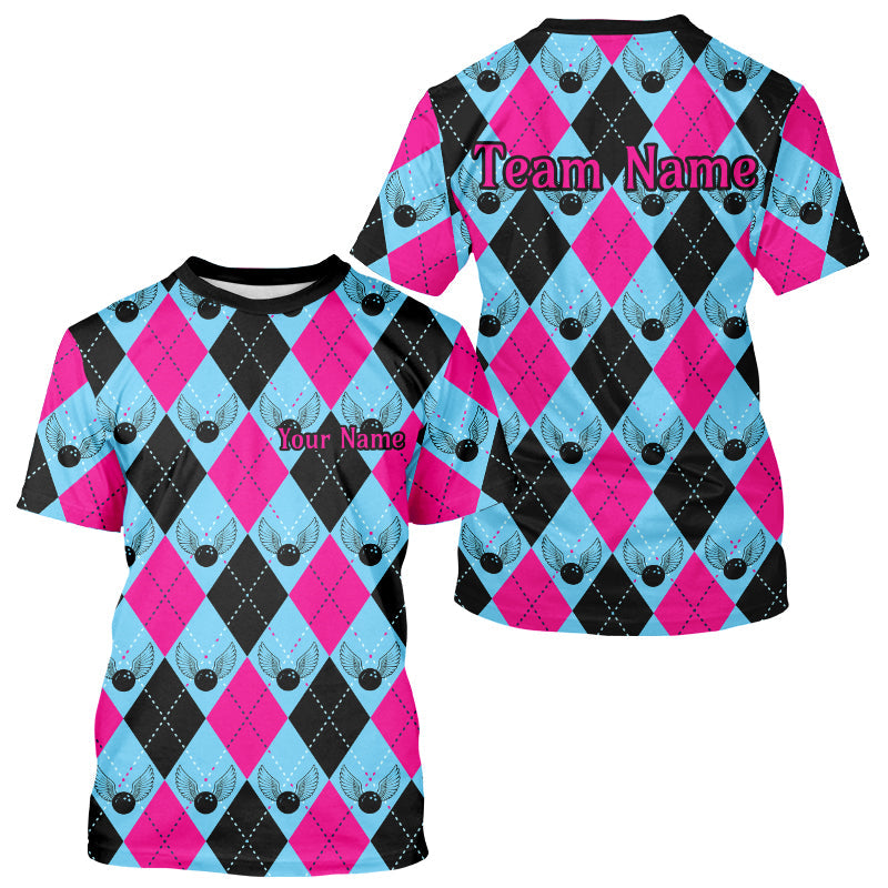 Blue And Pink Argyle Pattern Custom Bowling T-Shirts For Men, Bowling Team IPHW7306
