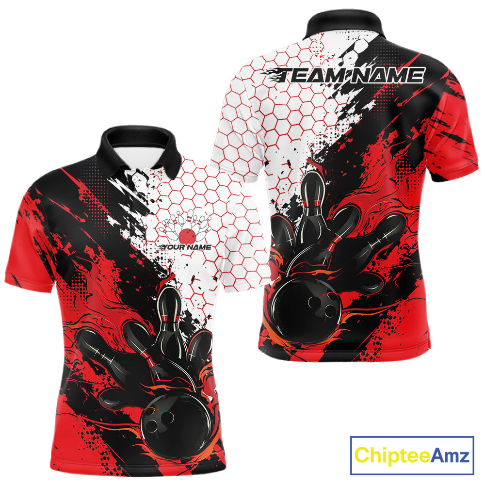Custom Red Flame Grunge Bowling Men Polo Shirt, Halftone Hexagon Bowling Shirt IPHW12012