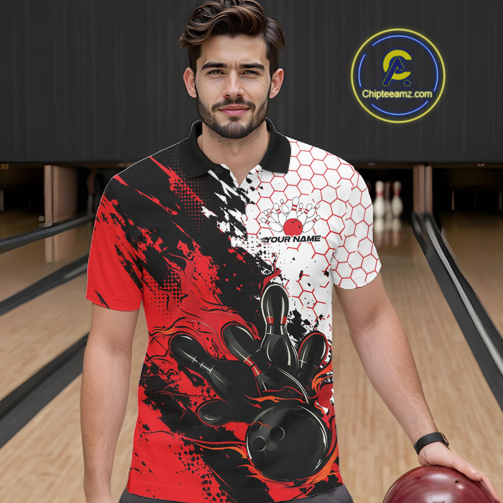 Custom Red Flame Grunge Bowling Men Polo Shirt, Halftone Hexagon Bowling Shirt IPHW12012