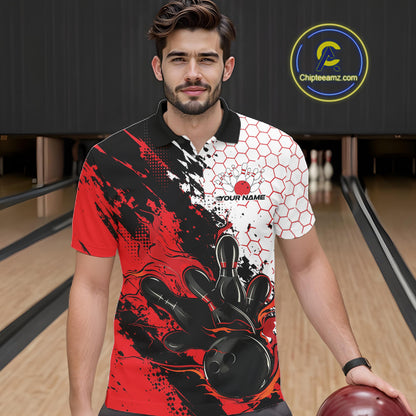 Custom Red Flame Grunge Bowling Men Polo Shirt, Halftone Hexagon Bowling Shirt IPHW12012