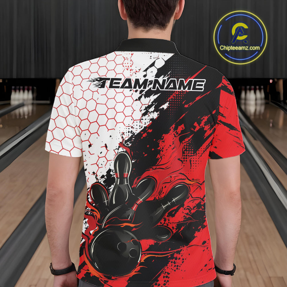 Custom Red Flame Grunge Bowling Men Polo Shirt, Halftone Hexagon Bowling Shirt IPHW12012