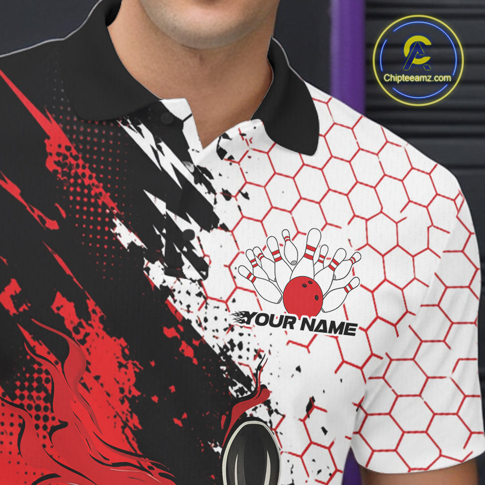 Custom Red Flame Grunge Bowling Men Polo Shirt, Halftone Hexagon Bowling Shirt IPHW12012